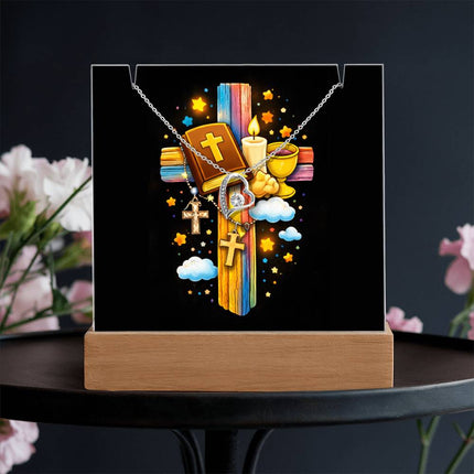Rainbow Cross Bible And Cross | Christian Keepsake Acrylic Bundle Forever Necklace | Gift for Kids