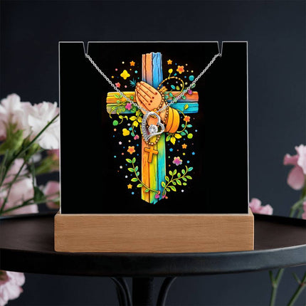 Rainbow Cross Praying Hands | Christian Keepsake Acrylic Bundle Forever Necklace | Gift for Kids
