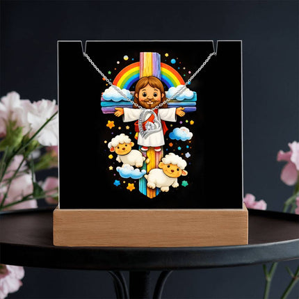 Rainbow Cross Jesus And Lamb | Christian Keepsake Acrylic Bundle Forever Necklace | Gift for Kids