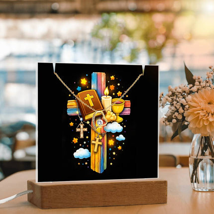 Rainbow Cross Bible And Cross | Christian Keepsake Acrylic Bundle Forever Necklace | Gift for Kids