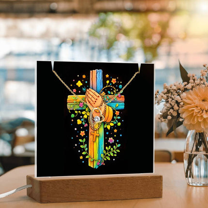 Rainbow Cross Praying Hands | Christian Keepsake Acrylic Bundle Forever Necklace | Gift for Kids