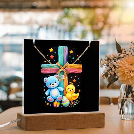 Rainbow Cross Teddy Bear | Christian Keepsake Acrylic Bundle Forever Necklace | Gift for Kids