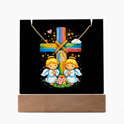 Rainbow Cross Angel Twins | Christian Keepsake Acrylic Bundle Forever Necklace | Gift for Kids
