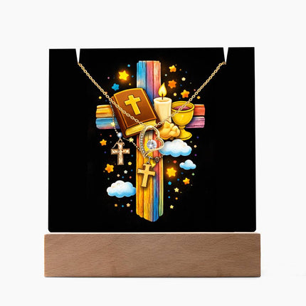 Rainbow Cross Bible And Cross | Christian Keepsake Acrylic Bundle Forever Necklace | Gift for Kids