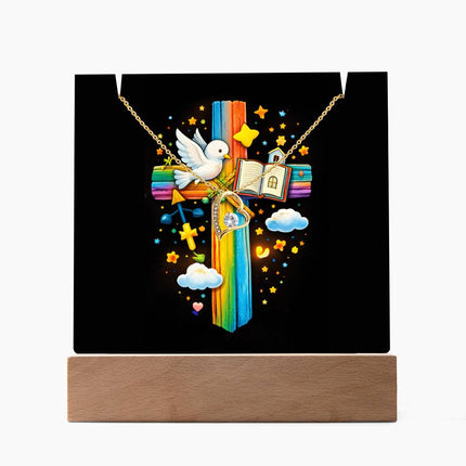 Rainbow Cross Open Bible | Christian Keepsake Acrylic Bundle Forever Necklace | Gift for Kids