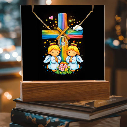 Rainbow Cross Angel Twins | Christian Keepsake Acrylic Bundle Forever Necklace | Gift for Kids