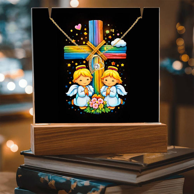 Rainbow Cross Angel Twins | Christian Keepsake Acrylic Bundle Forever Necklace | Gift for Kids