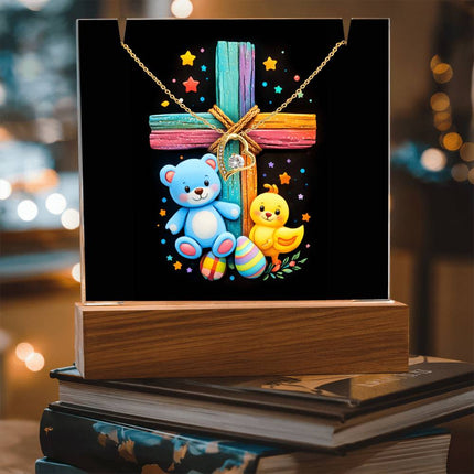 Rainbow Cross Teddy Bear | Christian Keepsake Acrylic Bundle Forever Necklace | Gift for Kids