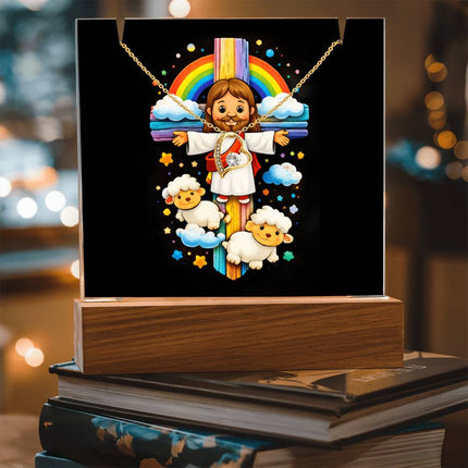 Rainbow Cross Jesus And Lamb | Christian Keepsake Acrylic Bundle Forever Necklace | Gift for Kids