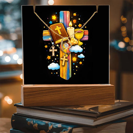 Rainbow Cross Bible And Cross | Christian Keepsake Acrylic Bundle Forever Necklace | Gift for Kids