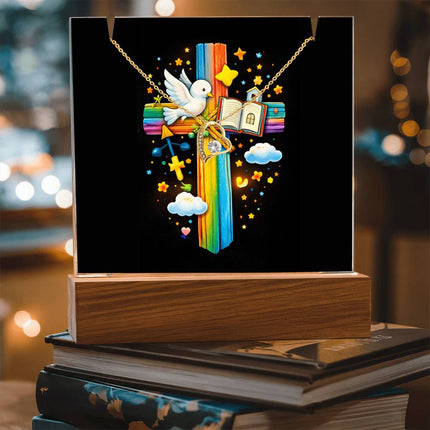 Rainbow Cross Open Bible | Christian Keepsake Acrylic Bundle Forever Necklace | Gift for Kids