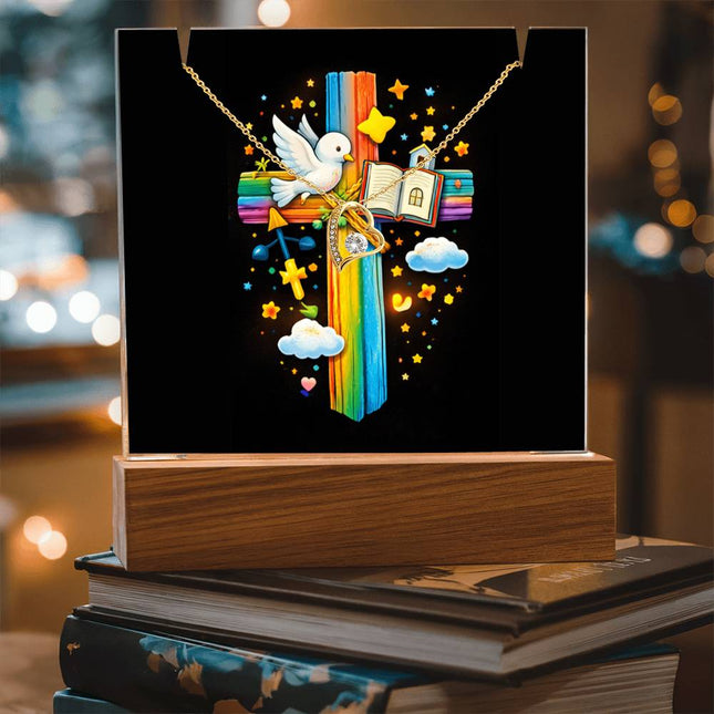 Rainbow Cross Open Bible | Christian Keepsake Acrylic Bundle Forever Necklace | Gift for Kids