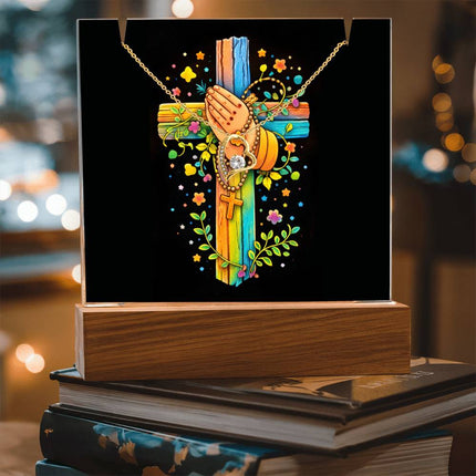 Rainbow Cross Praying Hands | Christian Keepsake Acrylic Bundle Forever Necklace | Gift for Kids