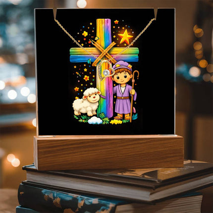 Rainbow Cross Little Shepherd | Christian Keepsake Acrylic Bundle Forever Necklace | Gift for Kids