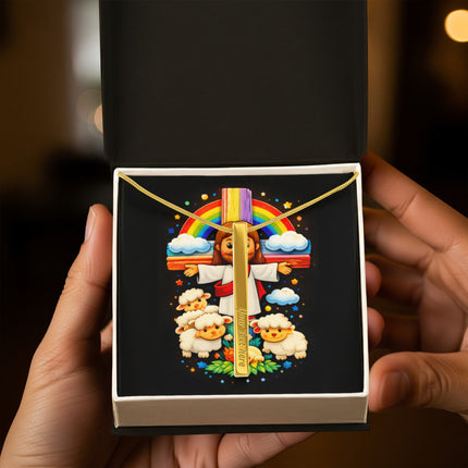 Jesus With the Sheep - Engraved 4-Sided Stick Necklace – Christian Gift for Kids
