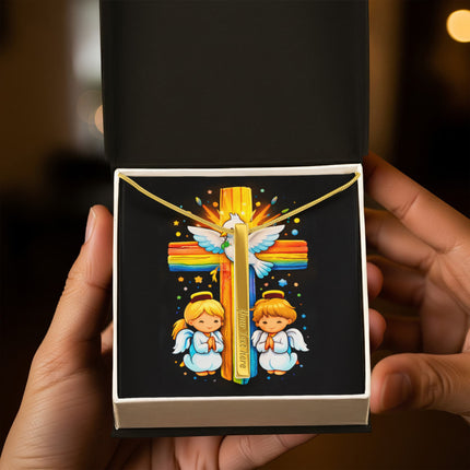 Rainbow Cross Angels And Dove | Christian Engraved 4-Sided Stick Necklace | Gift for Kids