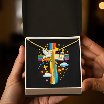 Rainbow Cross Open Bible | Christian Engraved 4-Sided Stick Necklace | Gift for Kids