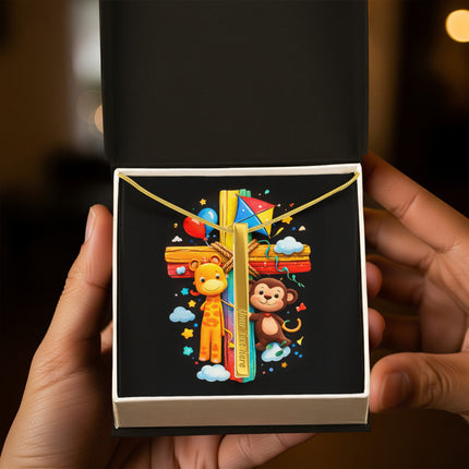 Rainbow Cross Jungle Animals | Christian Engraved 4-Sided Stick Necklace | Gift for Kids