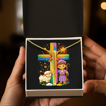 Rainbow Cross Little Shepherd | Christian Engraved 4-Sided Stick Necklace | Gift for Kids