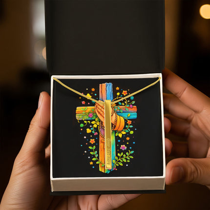 Rainbow Cross Praying Hands | Christian Engraved 4-Sided Stick Necklace | Gift for Kids