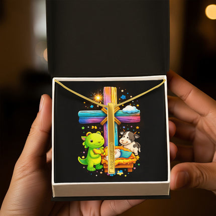 Rainbow Cross Frog And Cow | Christian Engraved 4-Sided Stick Necklace | Gift for Kids