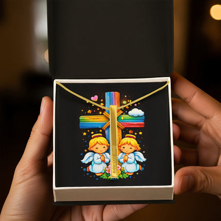 Rainbow Cross Angel Twins | Christian Engraved 4-Sided Stick Necklace | Gift for Kids