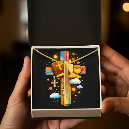 Rainbow Cross Bible And Cross | Christian Engraved 4-Sided Stick Necklace | Gift for Kids