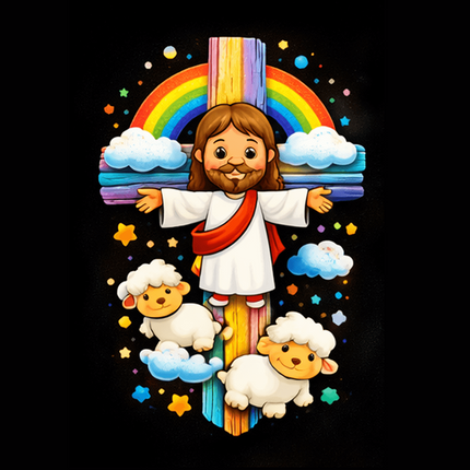 Jesus & Little Lambs Rainbow Engraved Bar Necklace – Christian Gift for Kids