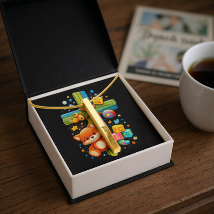 Rainbow Cross Little Fox | Christian Engraved 4-Sided Stick Necklace | Gift for Kids