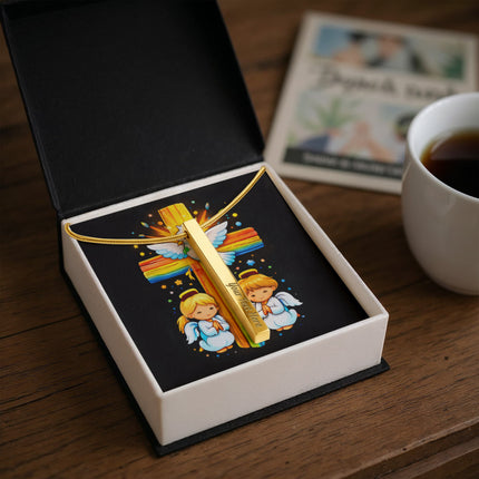 Rainbow Cross Angels And Dove | Christian Engraved 4-Sided Stick Necklace | Gift for Kids
