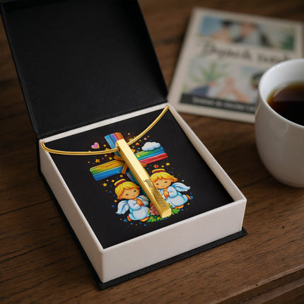 Rainbow Cross Angel Twins | Christian Engraved 4-Sided Stick Necklace | Gift for Kids
