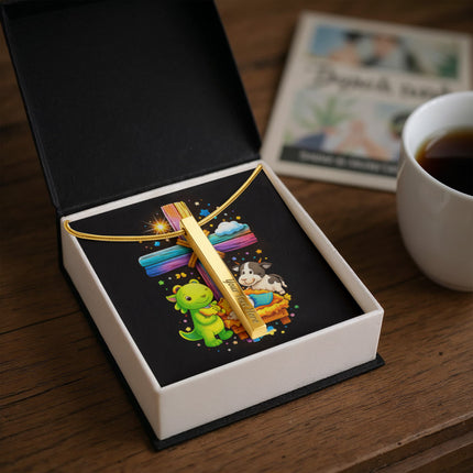 Rainbow Cross Frog And Cow | Christian Engraved 4-Sided Stick Necklace | Gift for Kids