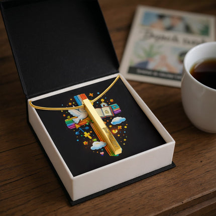 Rainbow Cross Open Bible | Christian Engraved 4-Sided Stick Necklace | Gift for Kids