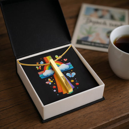 Rainbow Cross Butterfly | Christian Engraved 4-Sided Stick Necklace | Gift for Kids