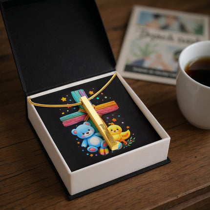 Rainbow Cross Teddy Bear | Christian Engraved 4-Sided Stick Necklace | Gift for Kids