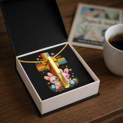 Rainbow Cross Bunnies | Christian Engraved 4-Sided Stick Necklace | Gift for Kids