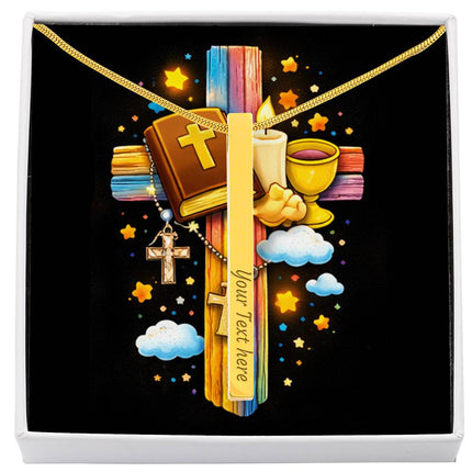 Rainbow Cross Bible And Cross | Christian Engraved 4-Sided Stick Necklace | Gift for Kids