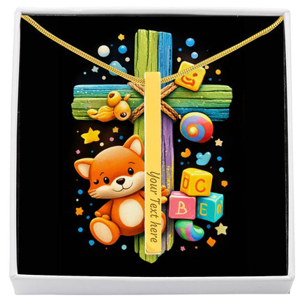 Rainbow Cross Little Fox | Christian Engraved 4-Sided Stick Necklace | Gift for Kids