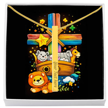 Rainbow Cross Noahs Ark | Christian Engraved 4-Sided Stick Necklace | Gift for Kids