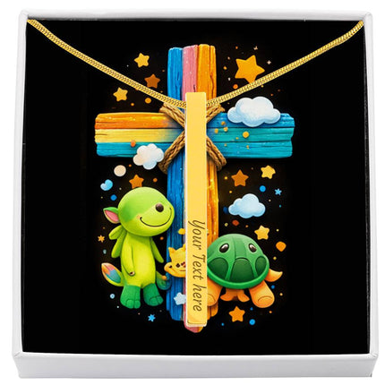 Rainbow Cross Turtle | Christian Engraved 4-Sided Stick Necklace | Gift for Kids