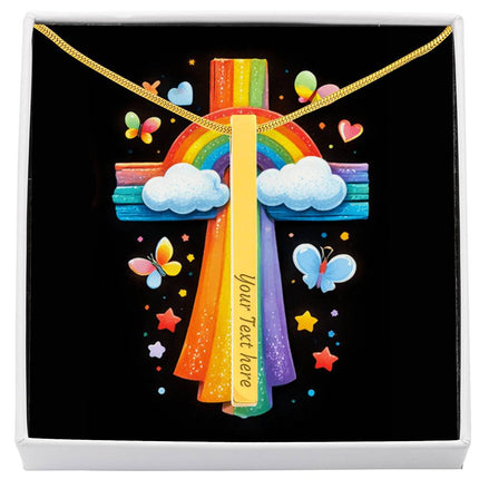 Rainbow Cross Butterfly | Christian Engraved 4-Sided Stick Necklace | Gift for Kids