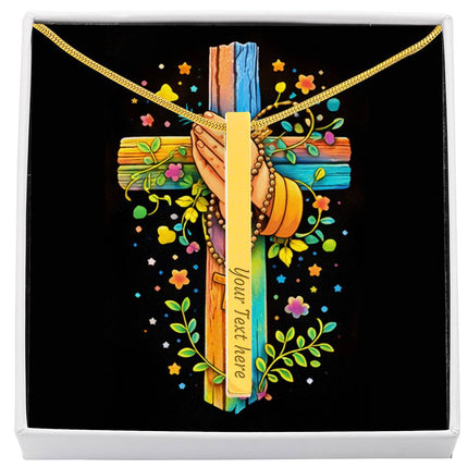 Rainbow Cross Praying Hands | Christian Engraved 4-Sided Stick Necklace | Gift for Kids