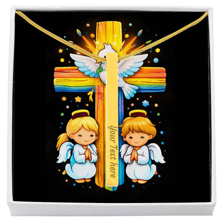 Rainbow Cross Angels And Dove | Christian Engraved 4-Sided Stick Necklace | Gift for Kids