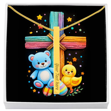 Rainbow Cross Teddy Bear | Christian Engraved 4-Sided Stick Necklace | Gift for Kids