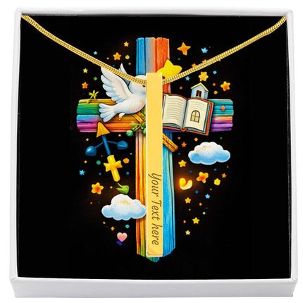Rainbow Cross Open Bible | Christian Engraved 4-Sided Stick Necklace | Gift for Kids