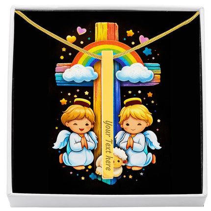 Rainbow Cross Cherub Angels | Christian Engraved 4-Sided Stick Necklace | Gift for Kids