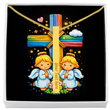 Rainbow Cross Angel Twins | Christian Engraved 4-Sided Stick Necklace | Gift for Kids