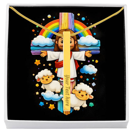Rainbow Cross Jesus And Lamb | Christian Engraved 4-Sided Stick Necklace | Gift for Kids