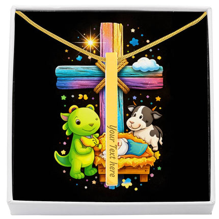 Rainbow Cross Frog And Cow | Christian Engraved 4-Sided Stick Necklace | Gift for Kids