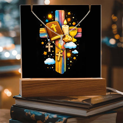 Rainbow Cross Bible And Cross | Christian Keepsake Acrylic Bundle Alluring Necklace | Gift for Kids